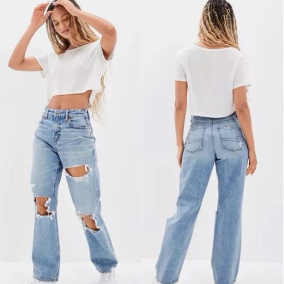 AE American Eagle Stretch Ripped Distressed Curvy 90s Straight Jean Plus Size 20 - Picture 1 of 15